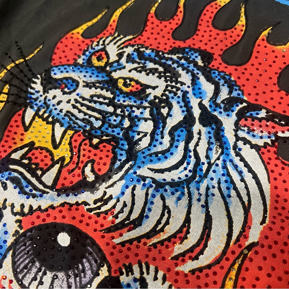 New Ed Hardy Rhinestone Fire Tiger Black Graphic Tee small - Picture 3 of 10
